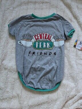 FRIENDS Central Perk Dog Grey Tee with Green Trim, Size Large